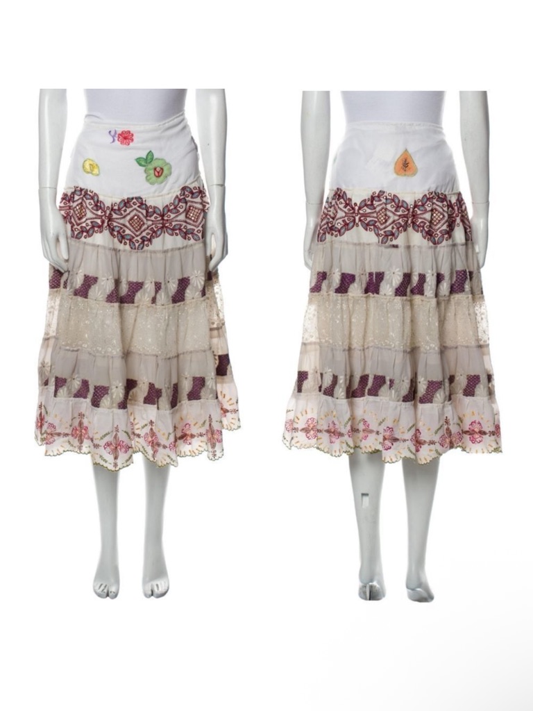 Nwt Juliet Dunn Floral Embroidered Beaded Tiered Ruffle Boho Midi Skirt
